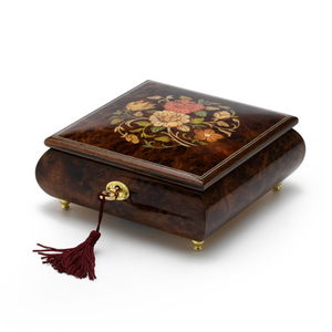 Handcrafted 18 Note Floral Inlay Music Box with Lock and Key