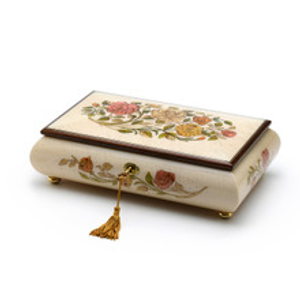 Handcrafted Bianco 18 Note White Music Box with Rose Inlay and Lock & Key