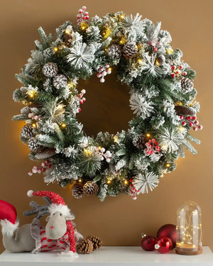 Pre-Lit Extra Thick Mixed Pine Snow Flocked Wreath, Pinecones & Berries, 76 cm