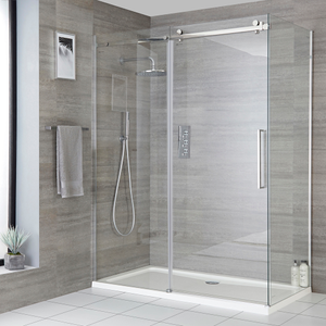 Milano Portland - Frameless 1100mm Sliding Shower Door with 800mm Side Panel & 1100mm x 800mm Tray
