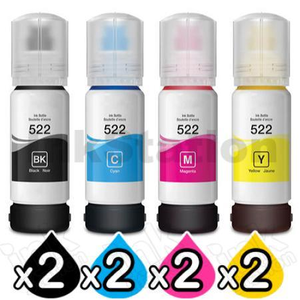 8-Pack Compatible for Epson T522 EcoTank Ink Bottle [2BK+2C+2M+2Y]