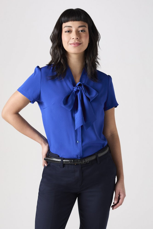 SJ Women's Low Tie Neck Blouse, Cobalt Blue