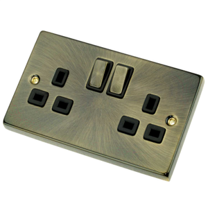 13A DP 2 Gang Switched Socket Metal / Black Insert Antique Brass