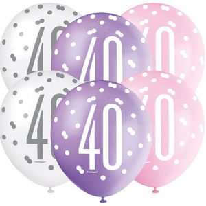 Pink Glitz Age 40 Assorted Biodegradable Latex Balloons 30cm / 12 in - Pack of 6