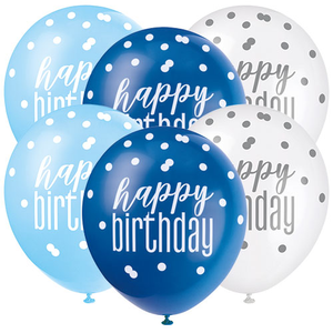 Blue Glitz Happy Birthday Assorted Biodegradable Latex Balloons 30cm / 12 in - Pack of 6
