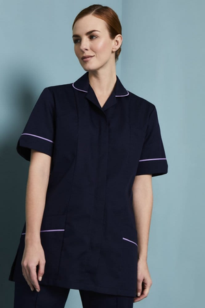 SJ Women's Healthcare Tunic, Navy with Lilac Trim