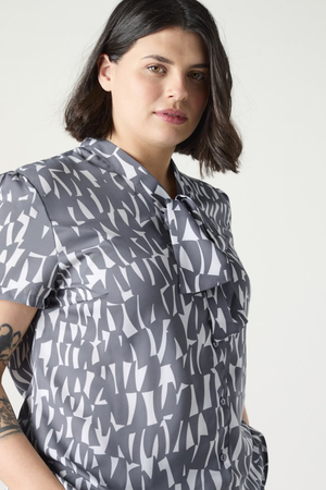 SJ Women's Low Tie Neck Print Blouse, Grey Shard
