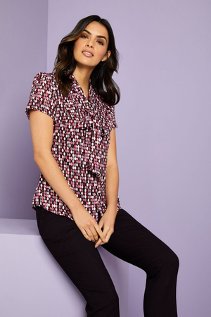 SJ Women's Low Tie Neck Print Blouse, Plum Oval