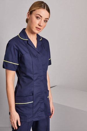 SJ Women's Collar Healthcare Tunic, Navy with Lime Trim