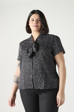 SJ Women's Low Tie Neck Print Blouse Black/White Square