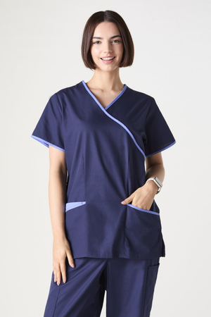 SJ Women's Mock Wrap Scrub Top, Navy/Metro Blue