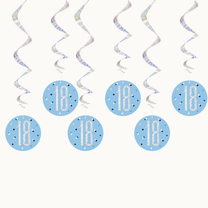 Blue Glitz Age 18 Holographic Hanging Swirl Decorations - Pack of 6