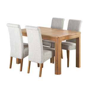 Romsey Natural Solid Oak Extending Dining Table and 4 Scroll Back Plain Grey Fabric Chairs