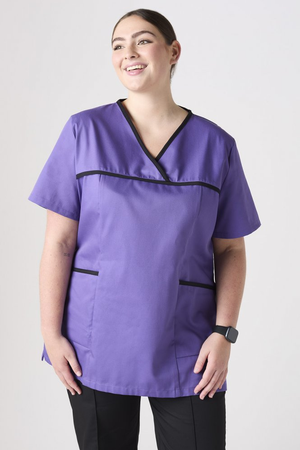 SJ Women's Semi-Fitted Pull-On Scrub Top, Purple/Black