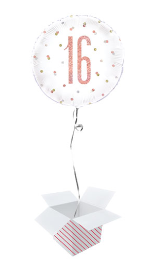 Rose Gold Glitz Age 16 Holographic Round Foil Helium Balloon- Inflated Balloon in a Box