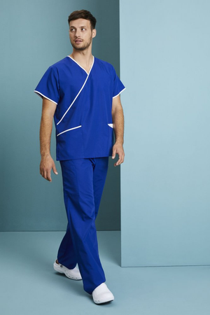 Simon Jersey Men's Fitted Mock Wrap Scrub Top, Royal/White