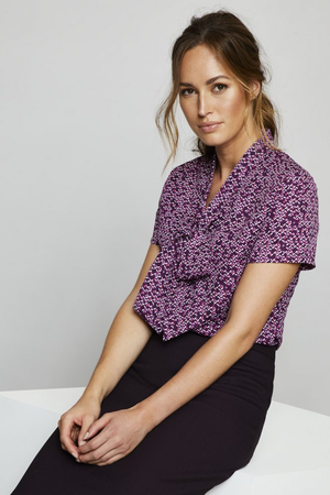 Jigsaw X SJ Women's Low Tie Neck Button Through Blouse, Plum Micro Petal