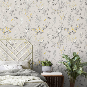 Crown Mariko Floral Treebird Grey/Yellow Metallic Wallpaper - M1551