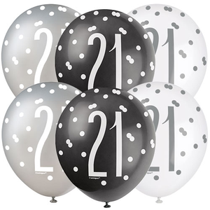 Black Glitz Age 21 Assorted Biodegradable Latex Balloons 30cm / 12 in - Pack of 6
