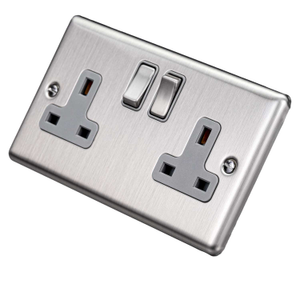 13A DP 2 Gang Switched Socket Grey Insert Satin Stainless Steel