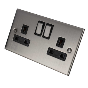 5M 13A DP 2 Gang Switched Socket Metal / Black Insert Satin Chrome