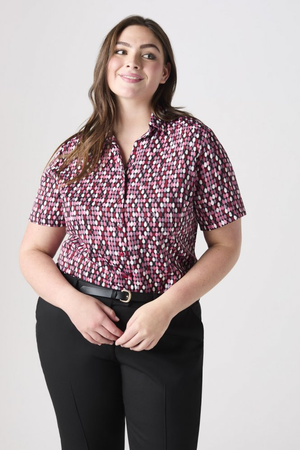 SJ Women's Open Collar Print Blouse, Plum Oval