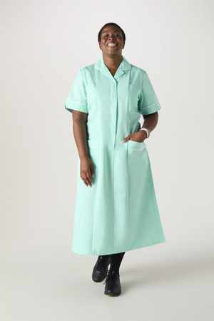 SJ Women's Unhemmed Healthcare Dress, Eau De Nil/ White