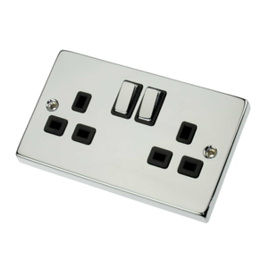 13A DP 2 Gang Switched Socket Metal / Black Insert Polished Chrome