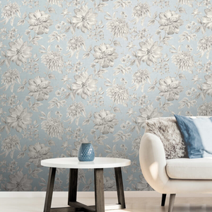 Crown Lucia Floral Blue/Grey Metallic Wallpaper - M1549