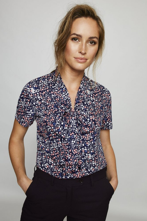 Jigsaw X SJ Women's Low Tie Neck Blouse, Coral Floral