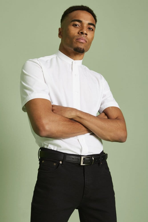 SJ Men's Short Sleeve Shirt with Grandad Collar, White