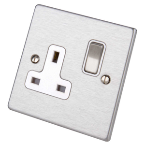 13A DP 1 Gang Switched Socket White Insert Satin Steel
