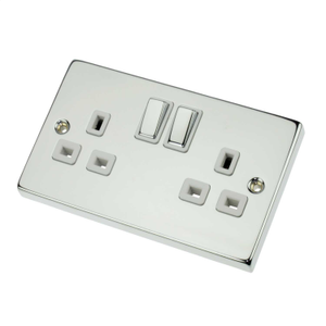 13A DP 2 Gang Switched Socket Metal / White Insert Polished Chrome