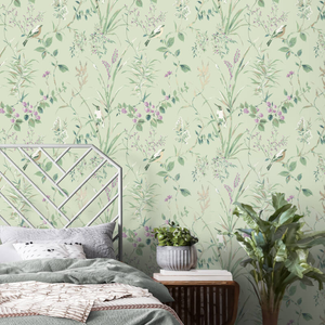 Crown Mariko Floral Treebird Mint/Plum Metallic Wallpaper - M1552