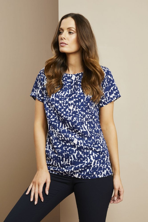 SJ Women's Short Sleeve Pleat Neck Blouse, Navy Brush Stroke