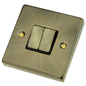 10A 2 Gang 2 Way Switch Metal / Black Insert Antique Brass