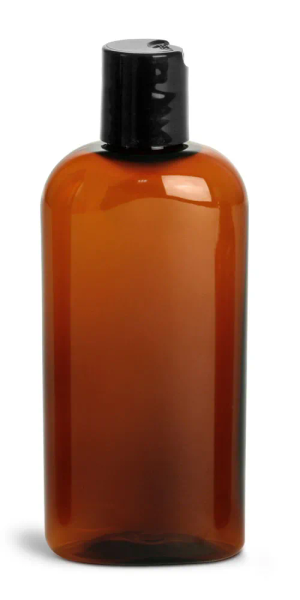 4 oz Amber PET Cosmo Oval Bottlesw/ Black Disc Top Caps