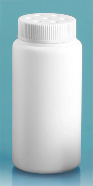 3 oz White HDPE Powder Style Bottles w/ White Twist Top Sifter Caps