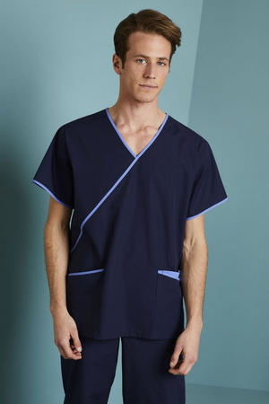 SJ Men's Mock Wrap Scrub Top, Navy/Metro Blue