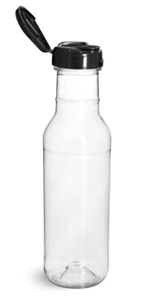 12 oz Plastic Bottles, Clear PET Barbecue Sauce Bottle w/ Black Polypropylene Induction Lined Snap Top Cap