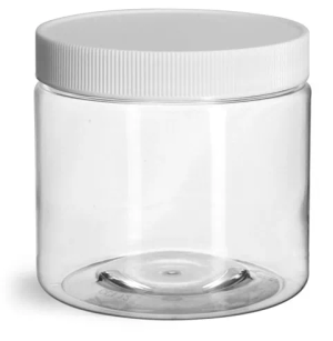 16 oz Clear PET Jars w/ White Ribbed Plastic Unlined Caps