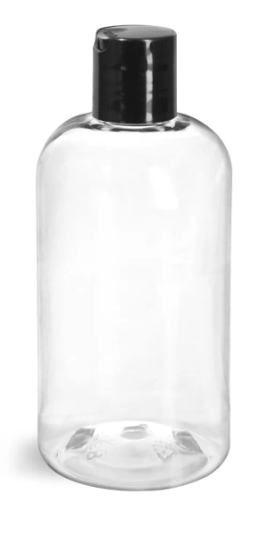 16 oz Amber PET Cosmo Round Bottles w/ Black Disc Top Caps