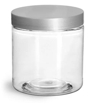 1 oz Clear PET Straight Sided Jars w/ Silver Smooth Lined Caps
