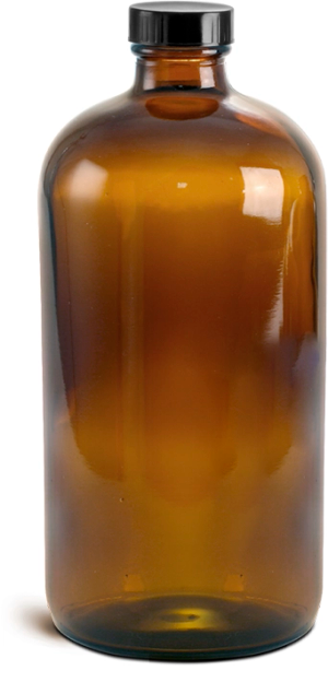 32 oz Amber Glass Round Bottles w/ Black Cone Lined Caps