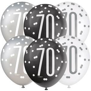 Black Glitz Age 70 Assorted Biodegradable Latex Balloons 30cm / 12 in - Pack of 6