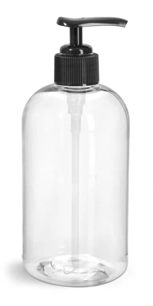 4 oz Clear PET Boston Round Bottles w/ Smooth Black Disc Top Caps