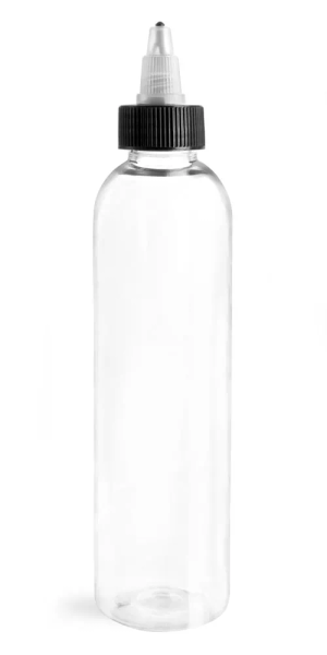 1/2 oz Clear PET Round Bottles w/ Black/Natural Induction Lined Twist Top Caps