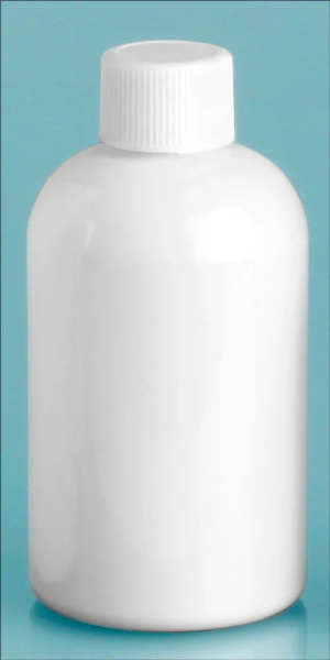 4 oz White PET Boston Round Bottles w/ White Ribbed Polypropylene Caps