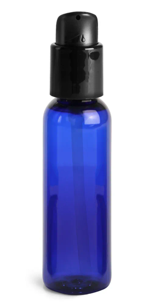 2 oz Blue PET Cosmo Round Bottles w/ Black Treatment Pumps