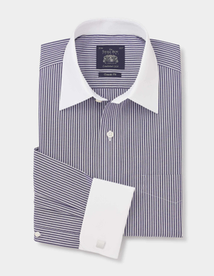 Dark Navy White Stripe Cotton Poplin Classic Fit Formal Shirt - Double White Cuff & White Collar [RTC]